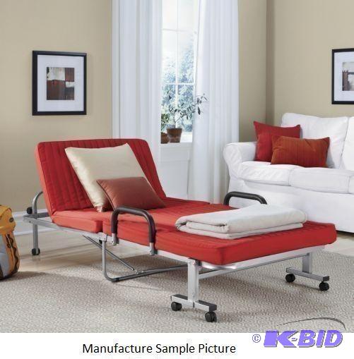 lot 132 image: Red and Silver Folding Bed - Unfold the metal...