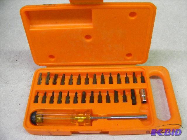 lot 586 image: box of misc tools, safety masks, stapler, sol...