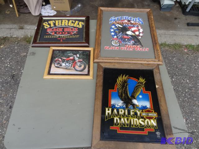 lot 61 image: Qty 4 misc framed motorcycle pictures. Harley...