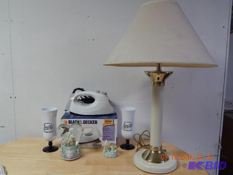lot 18 image: knick knacks, lamp, clothes iron, plastic&nbs...