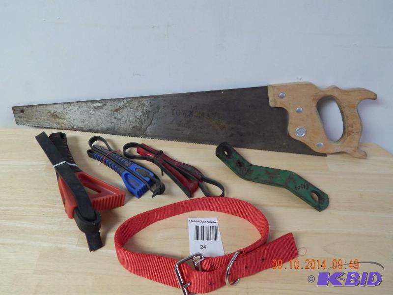 lot 24 image: Large dog collar, handsaw, John Deere metal h...