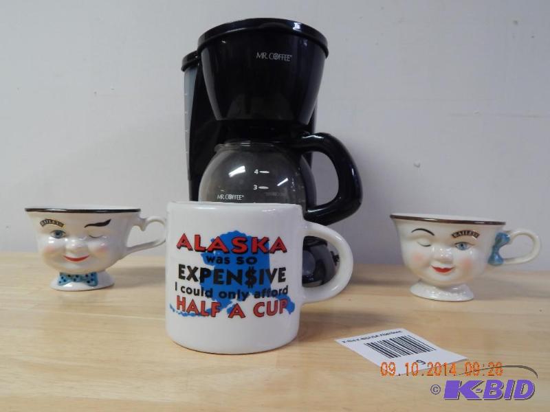 lot 9 image: 4 cup Mr. Coffee pot and fun coffee cups ...