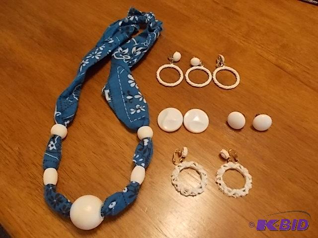 Bandanna Necklace, 4-Pair White Clip Earrings...