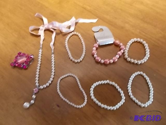 Pink Stone Brooch, Pearl Necklace With Pink S...