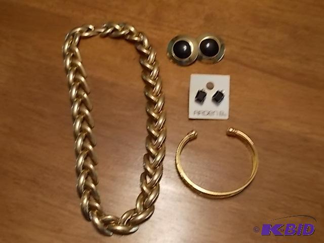 Large Link Necklace, Cuff Bracelet, 2-Pair Pi...