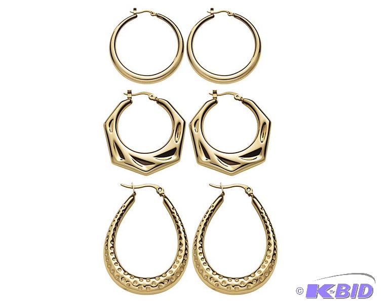 Goldtone 3 Pair Hoop Earrings Set