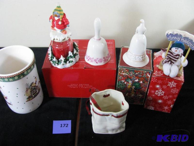 lot 172 image: Christmas (2) bells, candle crock candle and ...