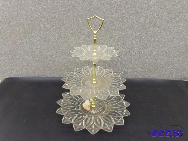 3 Tiered Glass Serving Tray Overall Good Cond...