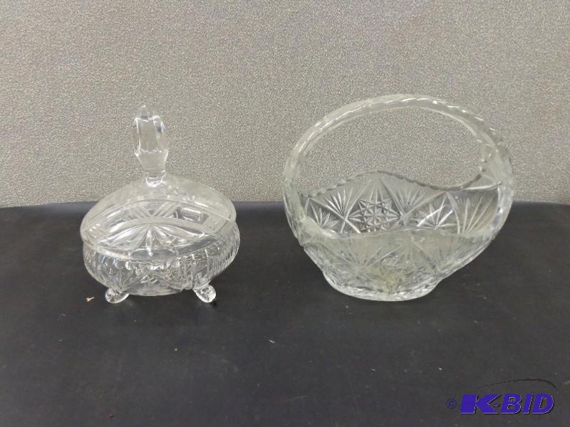 Crystal Basket and and Etched Glass Candy Dis...