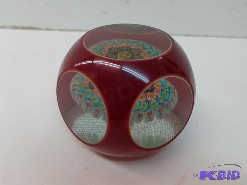 Vintage Red Glass Overlay Millefiori Paperwei...