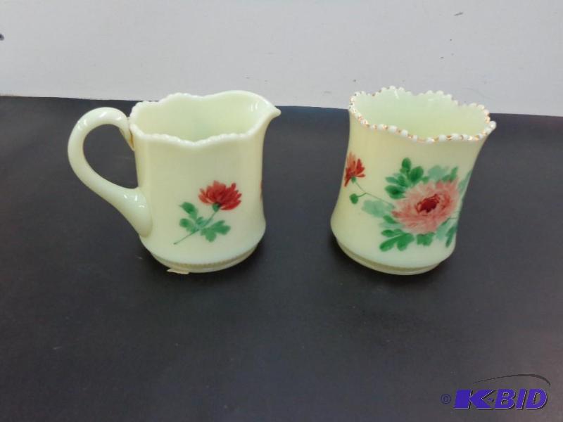 Two Custard Glass Sugar Bowl and Creamer 4&qu...