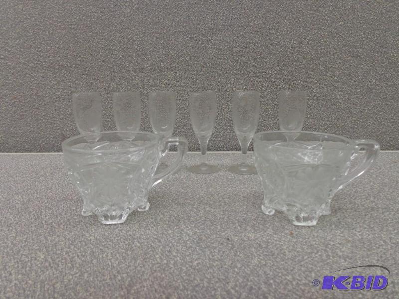 Etched Cordial Glasses and Two Crystal Tea Cu...
