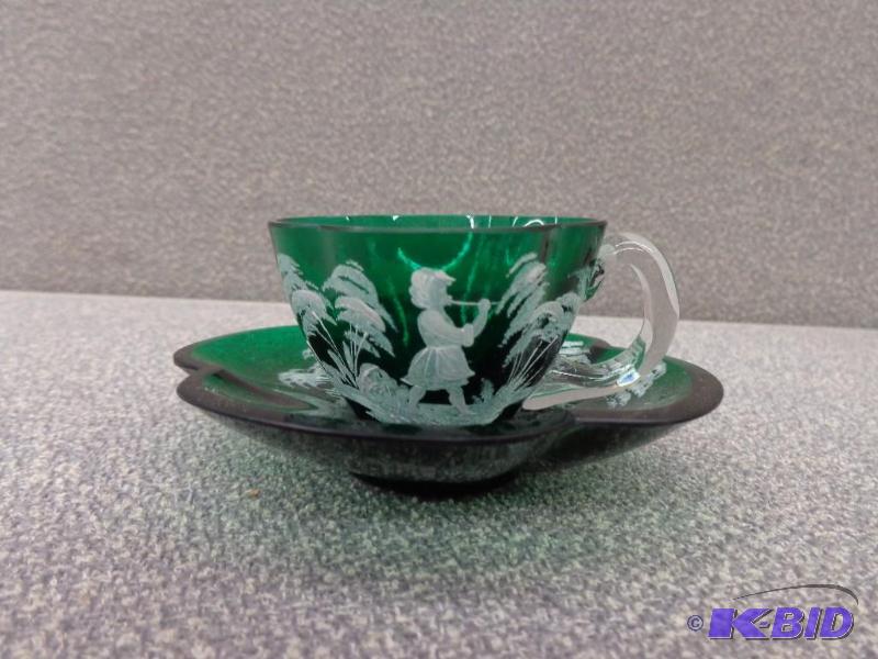 Hand Painted Tea Cup and Saucer Green Glass w...