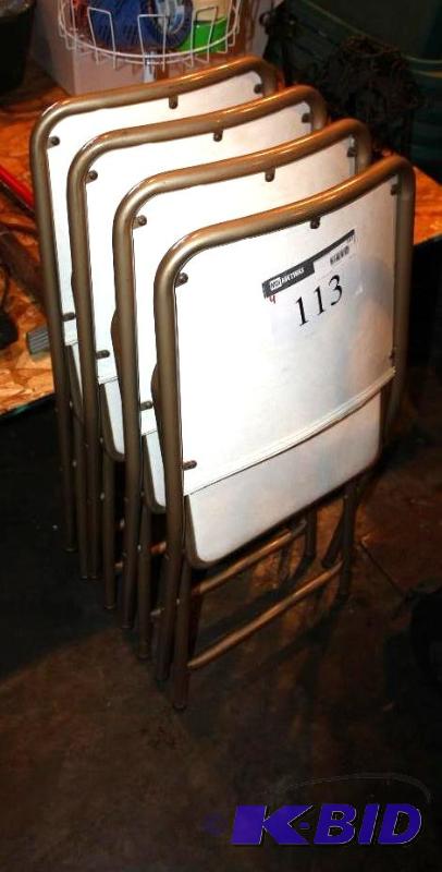 lot 113 image: Lot of (4) Folding Chairs Metal Frames Whit...