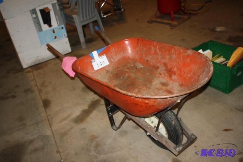 lot 149 image: Metal Wheel Barrow wWooden Handles one whee...