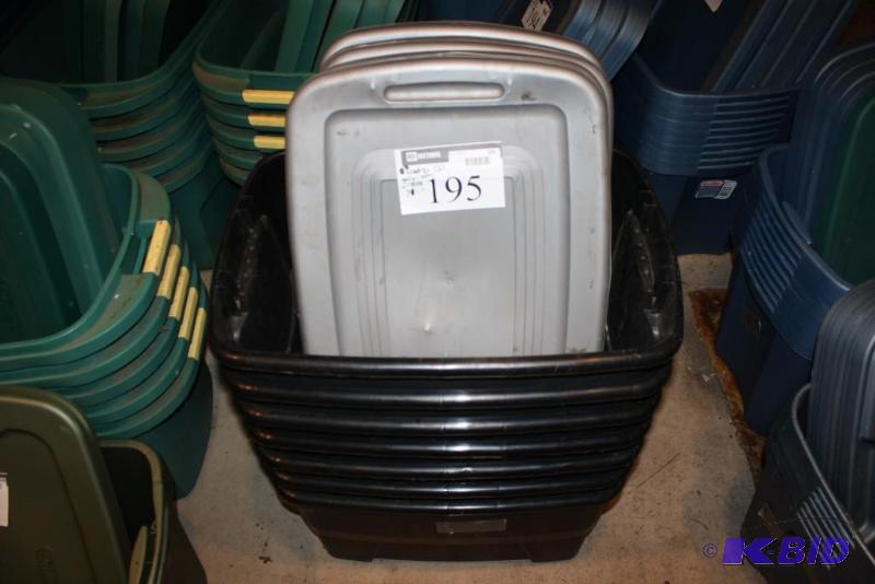 lot 195 image: Lot of (7) Plastic Totes wLids 20 Gallon B...