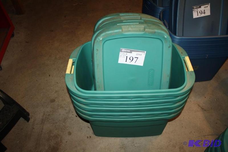 lot 197 image: Lot of (5) Plastic Totes wLids 20 Gallon G...