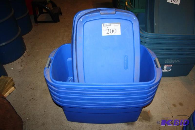 lot 200 image: Lot of (5) Plastic Totes wLids 30 Gallon B...