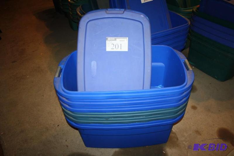 lot 201 image: Lot of (6) Plastic Totes wLids 30 Gallon B...