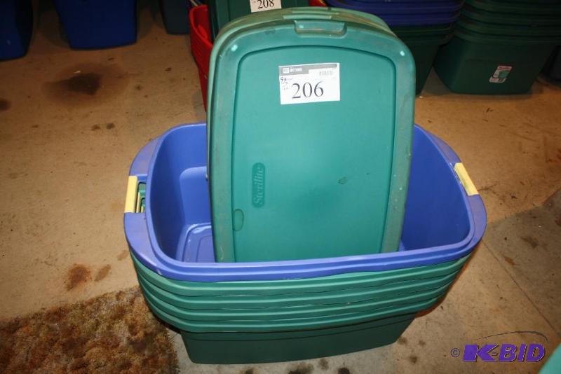 lot 206 image: Lot of (5) Plastic Totes wLids 30 Gallon G...