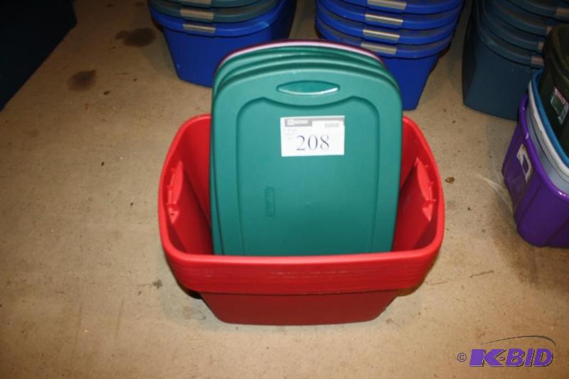 lot 208 image: Lot of (7) Plastic Totes wLids 20 Gallon R...