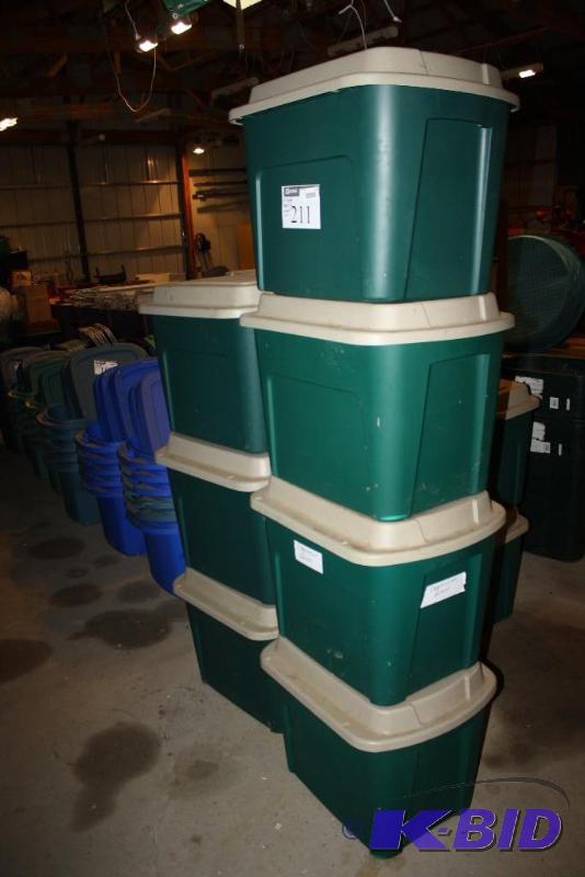 lot 211 image: Lot of (7) Plastic Totes wHinged Lids 20 Ga...