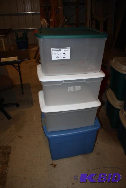 lot 212 image: Lot of (4) Plastic Totes wLids 66 Quart, ap...