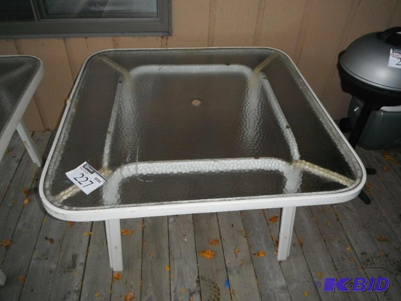 lot 227 image: Outdoor Glass Table wWhite Metal Frame 48&q...