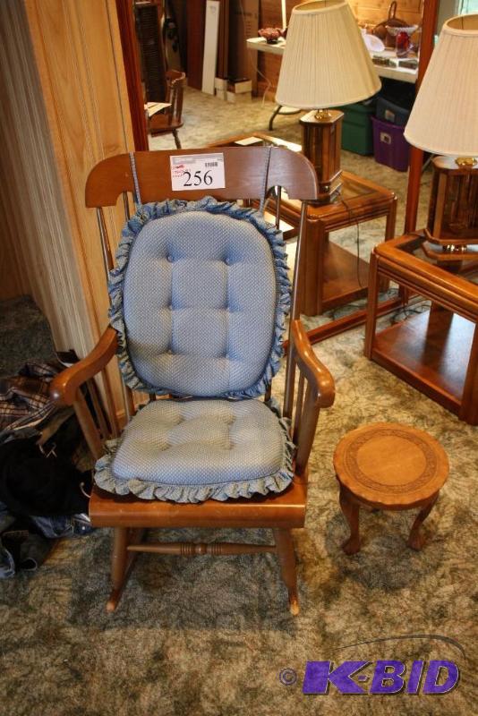 lot 256 image: Wooden Rocking Chair wBlue Cushion & Arm...
