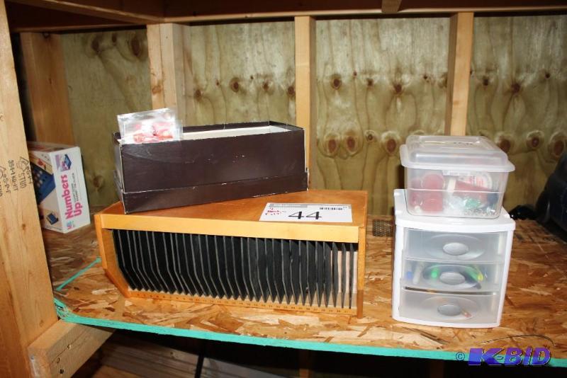 lot 44 image: Lot of (4) Including CD Rack, Wooden, 20 Sl...