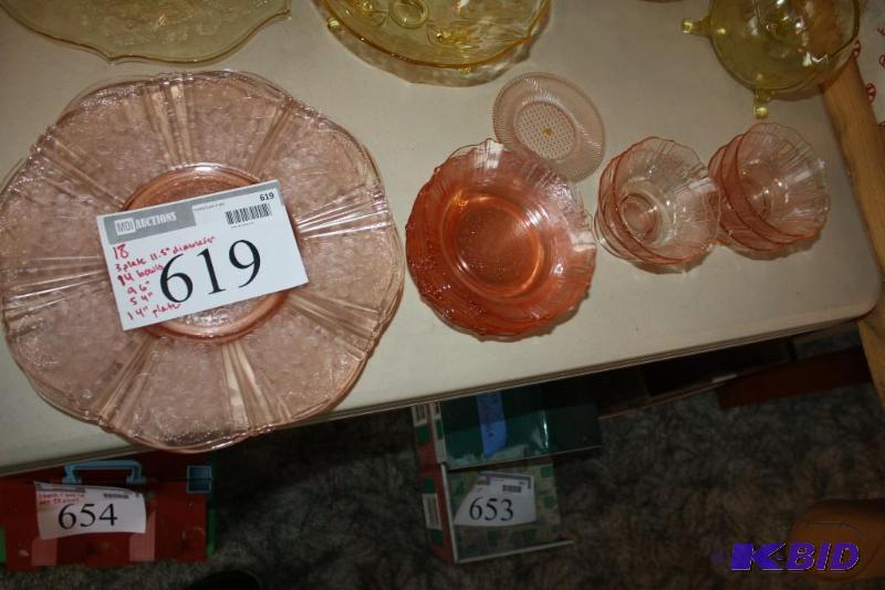 lot 619 image: Lot of (18) Vintage RedPink Depression Glass...