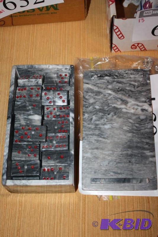 lot 633 image: Stone Domino Set wMatching Case GrayWhite...