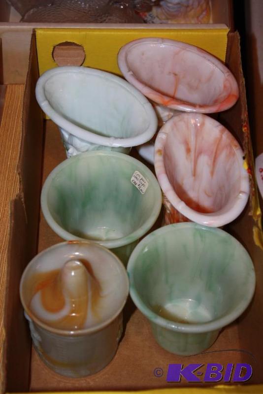 lot 640 image: Lot of (6) Colored Glass Cups, OrangeWhiteG...