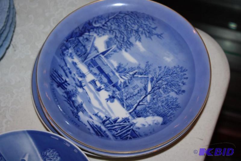 lot 652 image: Lot of (7) Blue Ceramic Plates wScenic Winte...