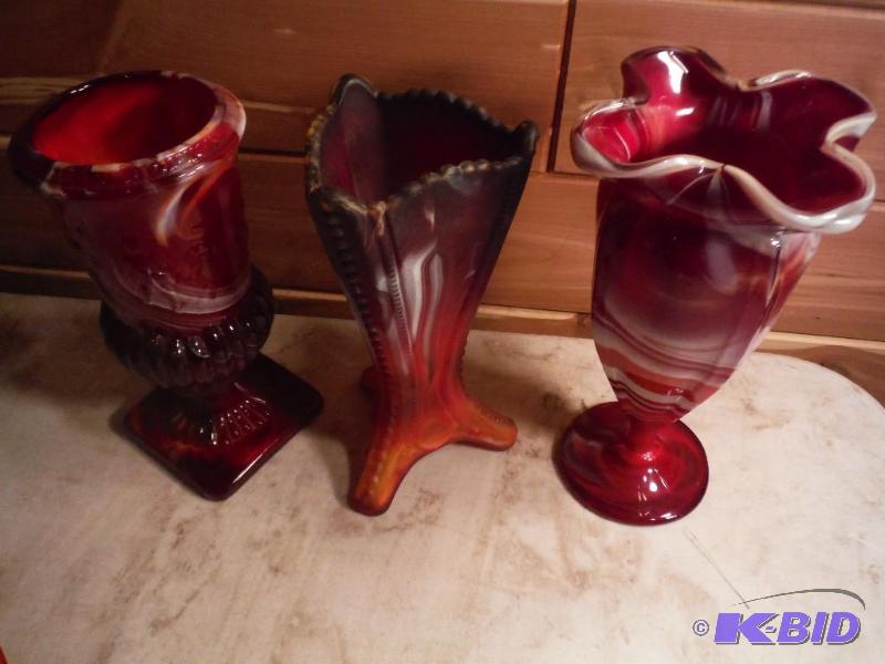 lot 658 image: Lot of (3) Red Colored Glass Vases wSwirly D...