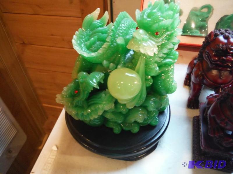 lot 671 image: Jade Dragon Figurine wWooden Stand 8" ...
