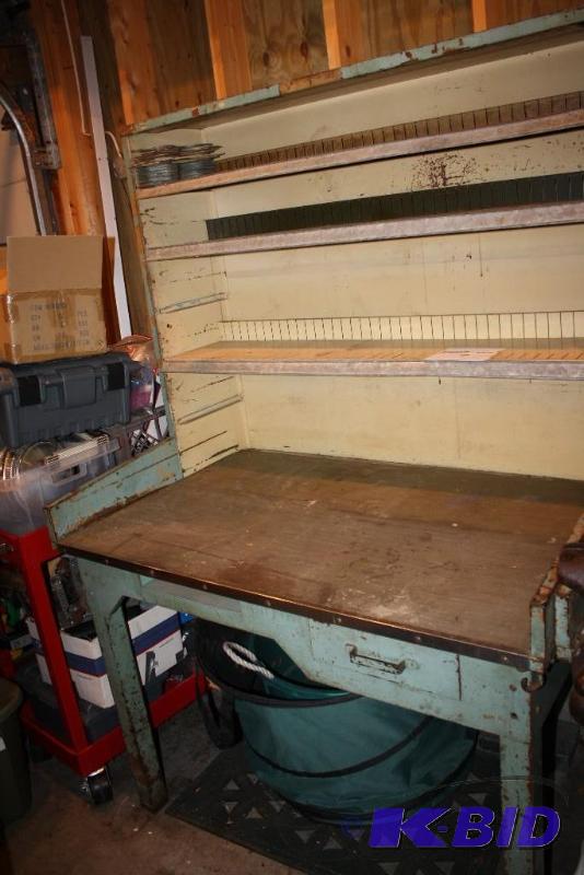 lot 7 image: Work bench with attached shelving unit one d...