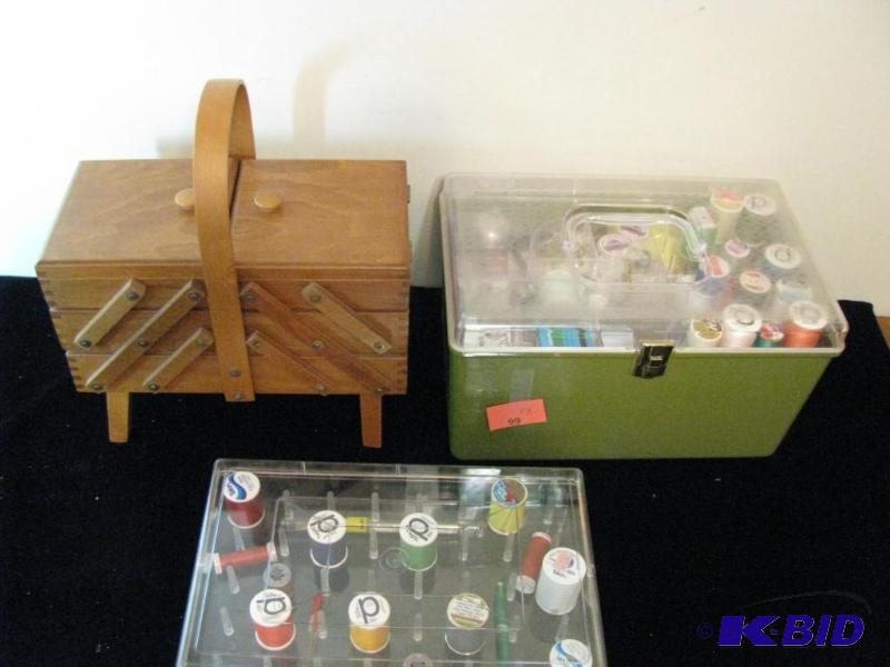 lot 99 image: Vintage wooden sewing box empty, 2 plastic bo...