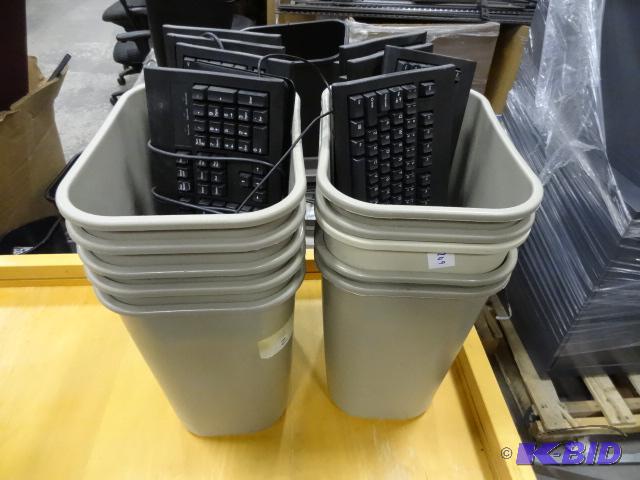 9 keyboards and 10 office waste baskets...