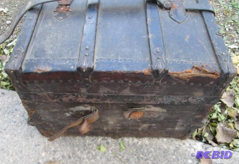 lot 106 image: Antique trunk, with inner shelf, leather stra...