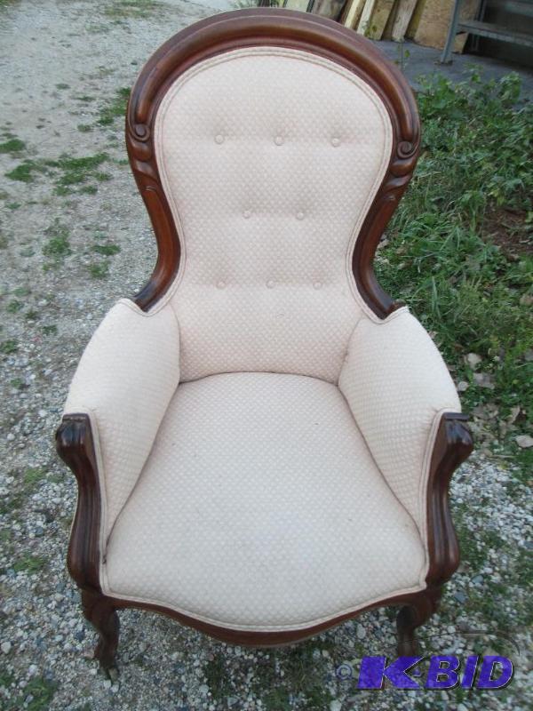 lot 115 image: cream collored with wood edging chair...