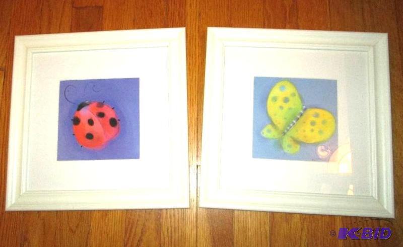 lot 136 image: Set of two white framed art butterfly and lad...