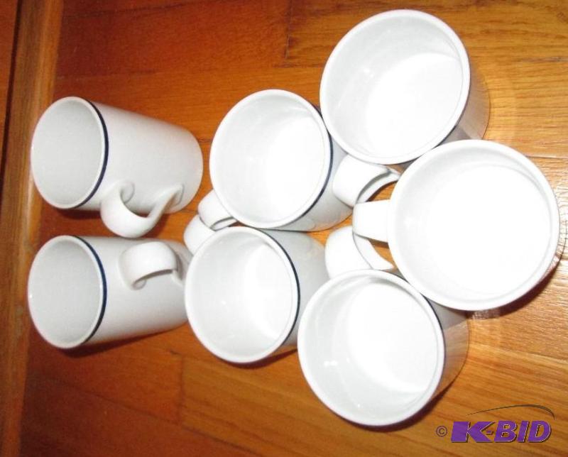 lot 140 image: set of blue lined coffee mugs 2 tall and 5 sh...
