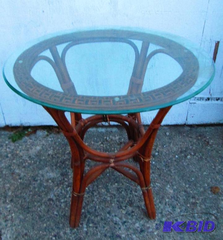 lot 403 image: Wood base glass top table, 30 inches across...