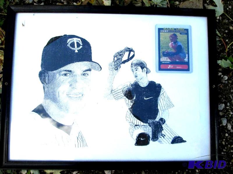lot 54 image: Joe Mauer 2002 Rookie Card with print, framed...
