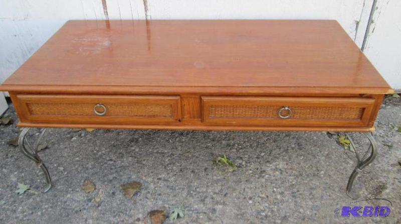 lot 57 image: Wood table with metal legs, 47 x 53 inch top,...