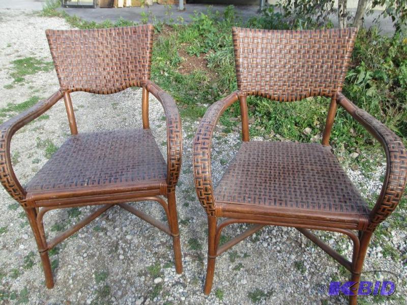 lot 75 image: Pair of wood chairs, woven wicker seat...