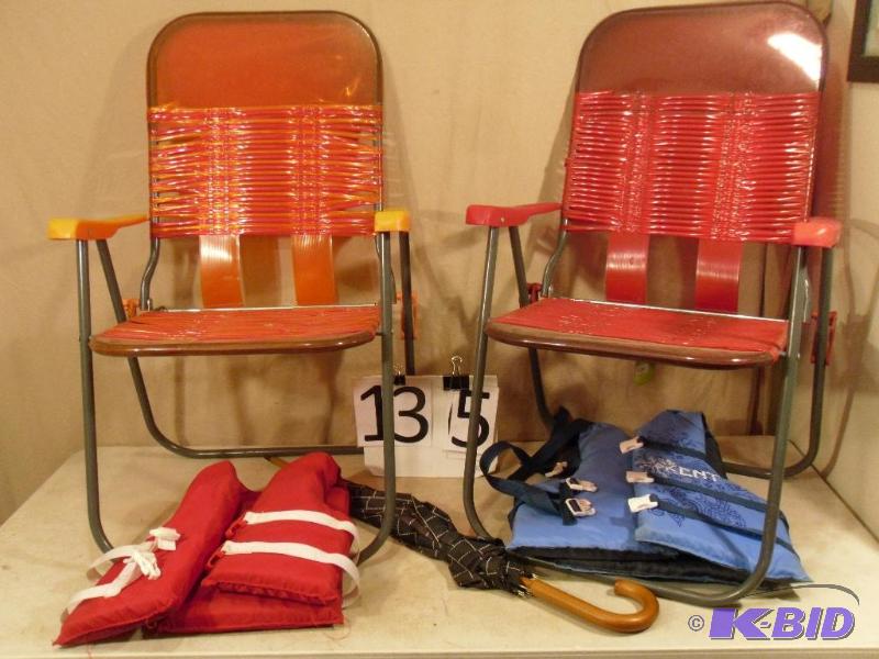 2 Lawns Chairs, 2 Kids Life Jackets, and Umbr...