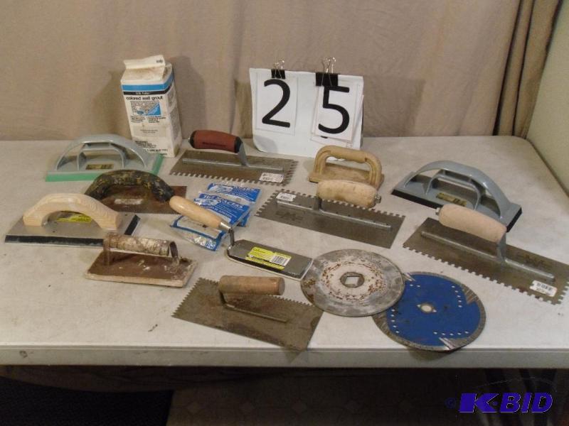 Lot of Masonry Tools. Notched Trowels, Floats...