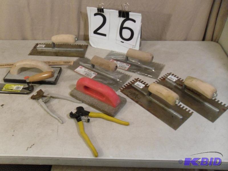 Lot of Masonry Tools. Notched Trowels, Floats...
